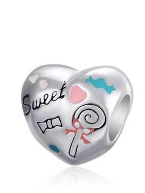 Sweet Candy Heart Charm - Silver Tone with Pink & Teal Accents